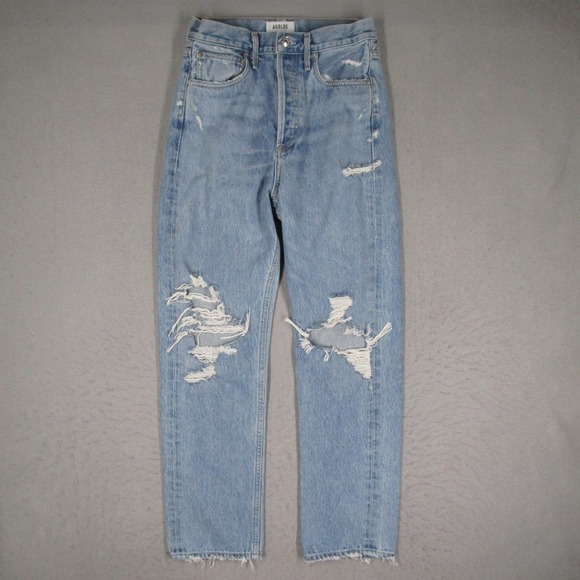 Agolde Denim - AGOLDE Womens 90s Mid Straight Distressed Button Fly Jeans Light Wash Size 24